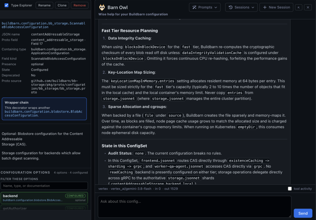 Barn Owl AI guidance for Buildbarn storage resource planning, alongside configuration schema documentation
