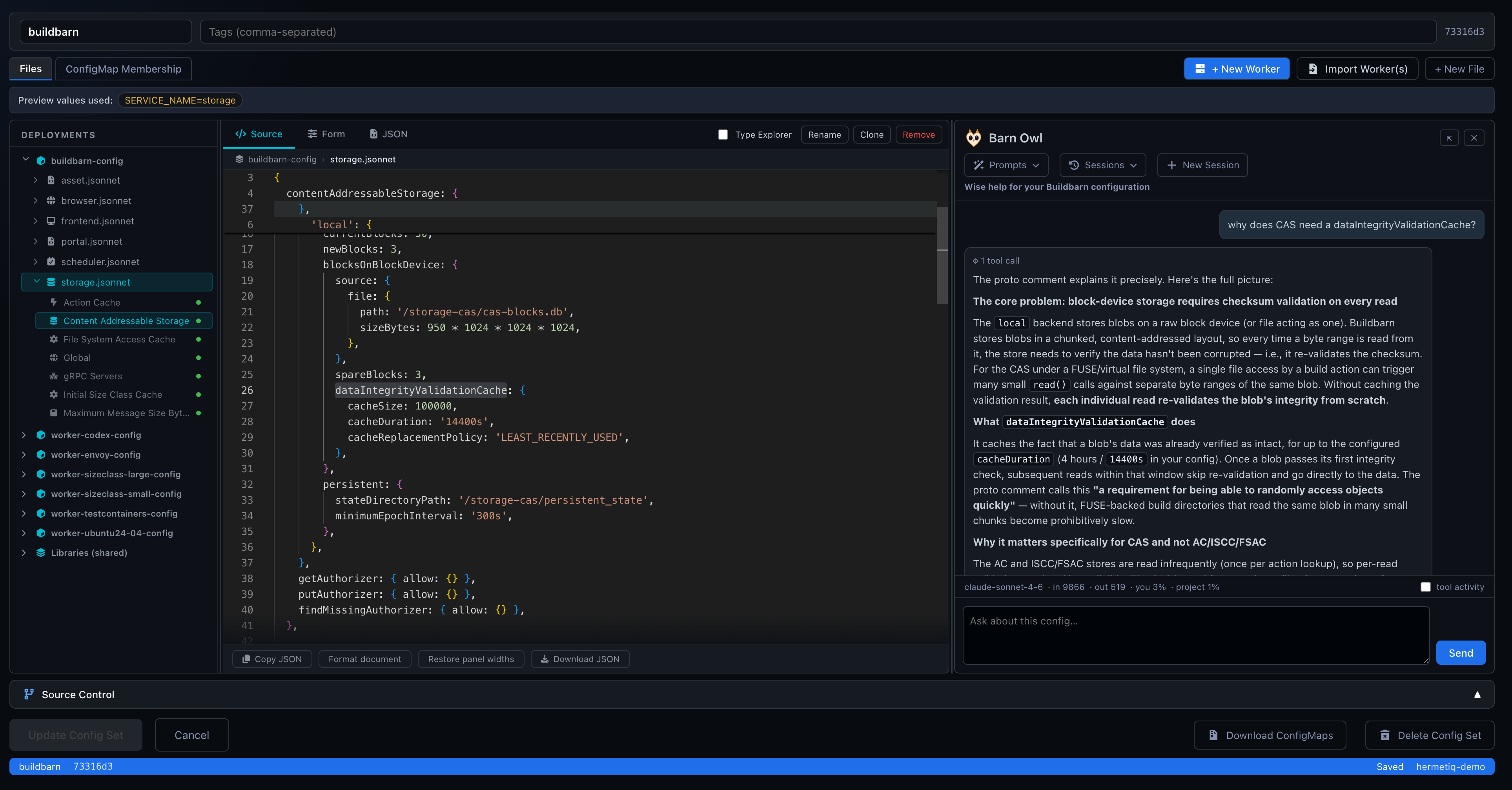 BB Config Editor showing storage.jsonnet, a deployment file tree, and Barn Owl explaining the content-addressable storage data integrity validation cache