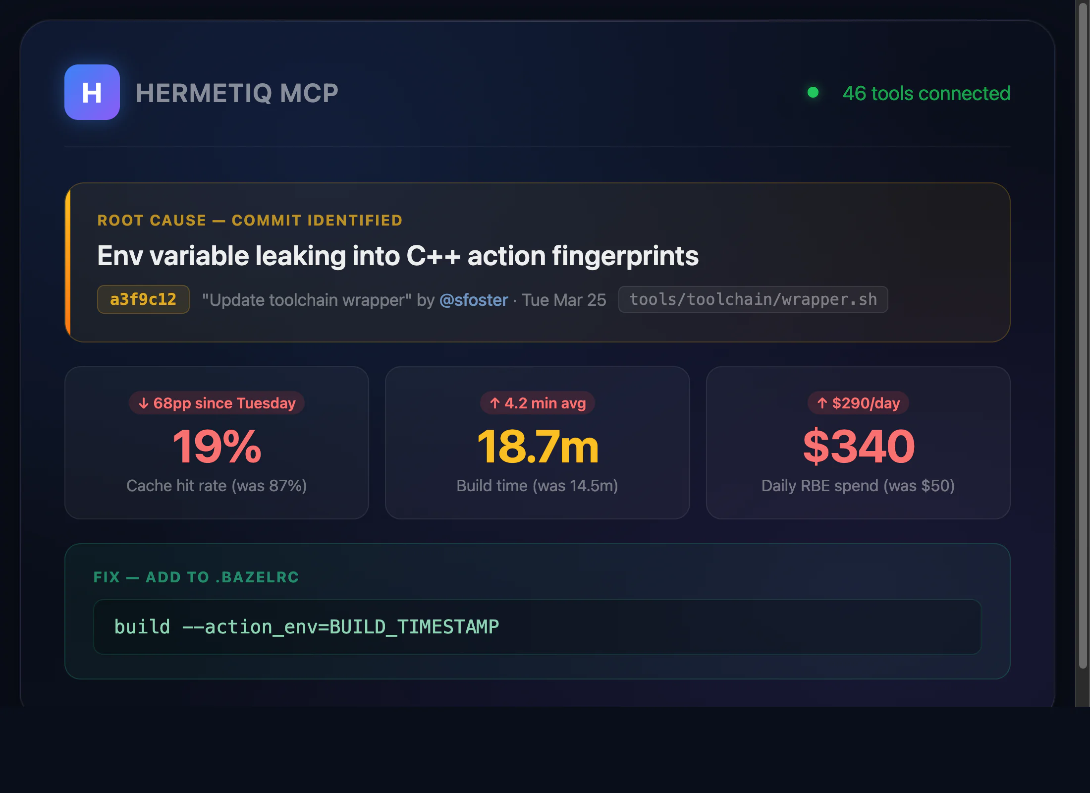 AI coding agent querying Hermetiq build intelligence through MCP
